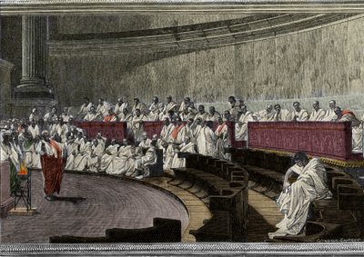 Cicero denunziert den Verschwörer Catilina (Lucius Sergius Catilina) (108-62 v. Chr.) am 8. November 63 v. Chr. Die Szene spielt in Rom im Senat, graviert nach dem Fresko, das zwischen 1882 und 1888 von Cesare Maccari (1840-1919) geschaffen wurde. Rom Pala von Cesare (after) Maccari