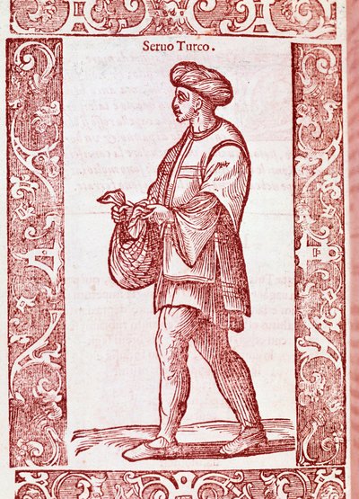 "Türkisches Leibeigenenkostüm" aus „Degli habiti antichi e moderni“ 1590 (Gravur) von Cesare (after) Vecellio