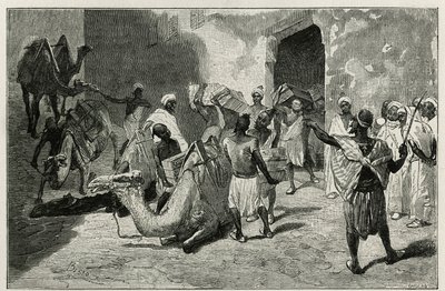 Das Beladen der Kamele aus der Karawane des Autors der Geschichte, Atanger, Gravur von Biseo, zur Illustration der Geschichte „Le Maroc“ von Edmondo de Amicis, 1875, veröffentlicht in „Le tour du monde“, unter der Leitung von Edouard Charton von Cesare Biseo