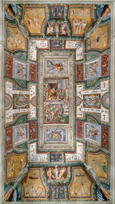 Pier Maria Rossi erhält die Ehre des Ordens vom Heiligen Michael, Ansicht der Decke der Sala delle Gesta Rossiane, Rocca dei Rossi, San Secondo, Parma, Italien, ca. 1570 von Cesare and Jacopo Bertoia and others Baglione