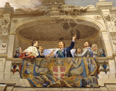 Carlo Alberto übergibt das Schwert an Vittorio Emanuele II (Detail) von Cesare Mariani