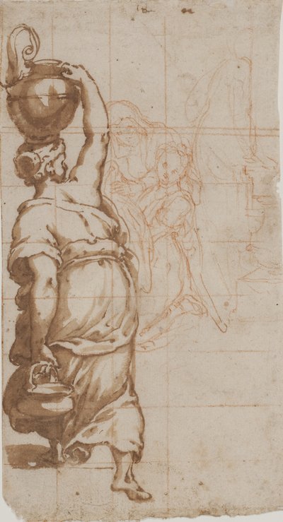 Frau mit einem Krug auf dem Kopf von hinten gesehen, zwei Frauen mit einem Tuch im Hintergrund von Cesare Nebbia