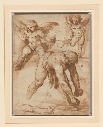 Studien einer sich bückenden Figur, zwei Putti und ein Arm (recto); Rast auf der Flucht nach Ägypten (verso) von Cesare Rossetti