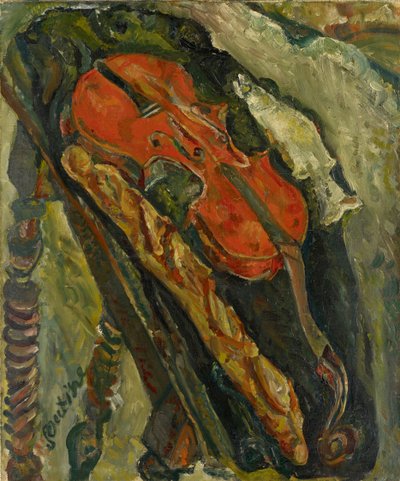 Stillleben mit Geige, Brot und Fisch, ca. 1922 von Chaim Soutine