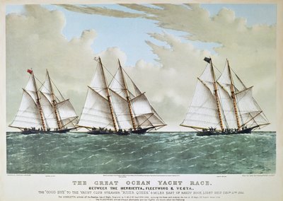 Großes Ozean-Yachtrennen von 1866 zwischen der Henrietta, Vesta & Fleetwing, veröffentlicht von Currier & Ives von Charles (after) Parsons