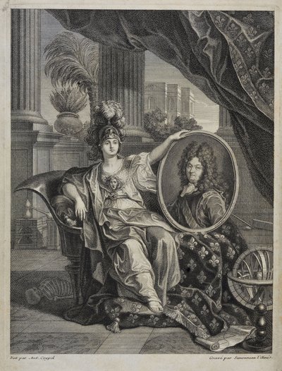 Ludwig XIV. (1638-1715), König von Frankreich, Beschützer der Wissenschaften - Gravur von Antoine Coypel in „History of the Royal Academy of Sciences“ 1703 von Charles Antoine (after) Coypel
