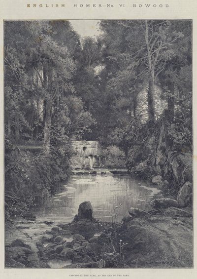 Englische Häuser, Bowood, Kaskade im Park, am Ende des Sees von Charles Auguste Loye