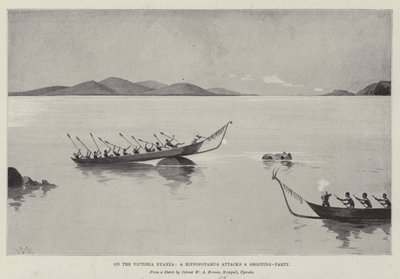 Am Victoria Nyanza, ein Flusspferd greift eine Jagdgesellschaft an von Charles Auguste Loye