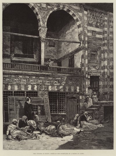 Die Cholera in Ägypten, Szene im Hof eines Hauses in Kairo von Charles Auguste Loye