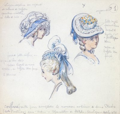 Frisuren und Kopfbedeckungen, für die Rolle der Camille in der Aufführung von "Spielt nicht mit der Liebe" von Alfred de Musset von Charles Betout