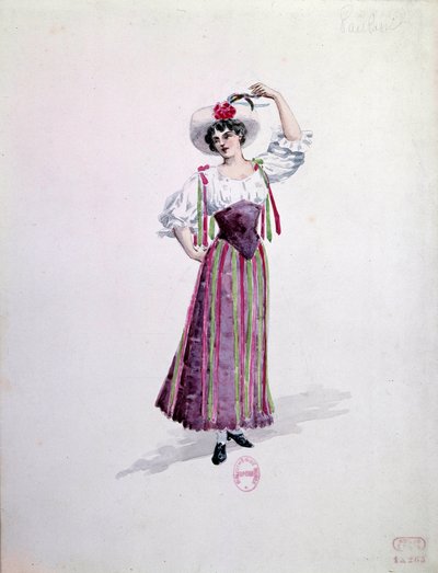 Kostüm einer jungen Frau (Nedda oder Colombine?) für die Oper „Pagliacci“ von Ruggero Leoncavallo. Aquarell von Charles Bianchini von Charles Bianchini
