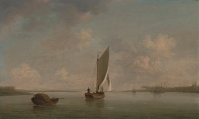Ein Fischkutter unter Segel bei leichtem Wind in einem Fluss von Charles Brooking