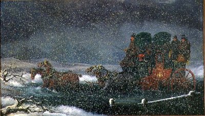 Eine Postkutsche durchquert einen Bach in einem Schneesturm von Charles Cooper Henderson