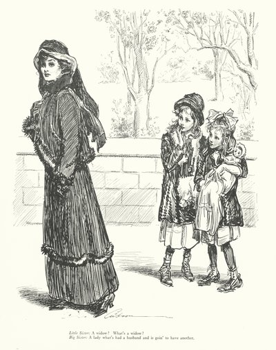 Kleine Schwester: Eine Witwe? Was ist eine Witwe? Große Schwester: Eine Dame, die einen Mann hatte und einen weiteren haben wird von Charles Dana Gibson