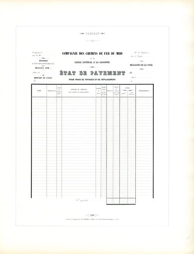 Formular der Eisenbahngesellschaft für Reisekostenabrechnung von Charles Derriey