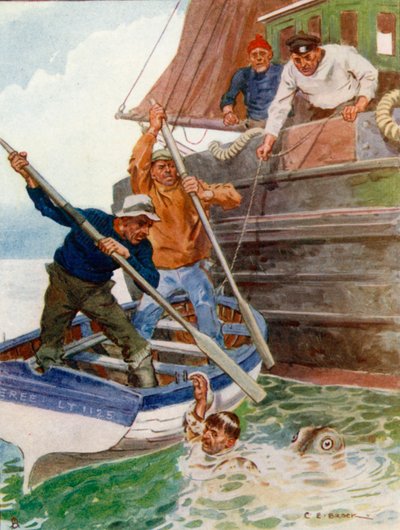 Die beiden Männer im Boot begannen hektisch, an einem abscheulichen Objekt zu schlagen und zu graben von Charles Edmund Brock