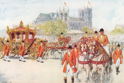 Die Krönungskutsche biegt auf die Uferstraße ein (Farblithografie) von Charles Edmund Brock