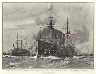 Mr. Chamberlains Abreise nach Südafrika, H.M.S. Good Hope verlässt den Hafen von Portsmouth von Charles Edward Dixon