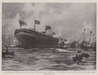 Der Stapellauf der neuen königlichen Yacht Victoria und Albert in Pembroke Dock, zum ersten Mal im Wasser von Charles Edward Dixon
