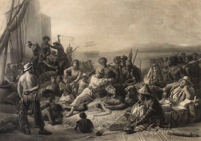Szene an der Küste Afrikas: Sklaven und Sklavenhalter warten auf den Transport ins Ausland von Charles Edward Wagstaff