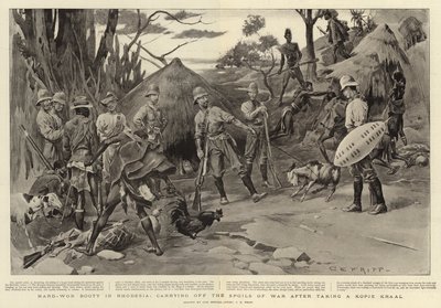 Hart erkämpfte Beute in Rhodesien, das Wegtragen der Kriegsbeute nach der Einnahme eines Kopje Kraal von Charles Edwin Fripp