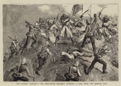 Der Afghanische Feldzug, das neunundfünfzigste Regiment stürmt einen Hügel in der Nähe des Sebundi-Passes von Charles Edwin Fripp
