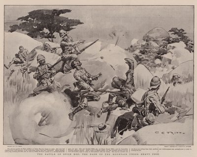 Die Schlacht von Spion Kop, der Sturm auf den Berg unter schwerem Beschuss von Charles Edwin Fripp