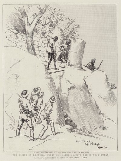 Der Aufstand in Rhodesien, Kämpfe in den Granit-Kopjes bei Gwelo von Charles Edwin Fripp