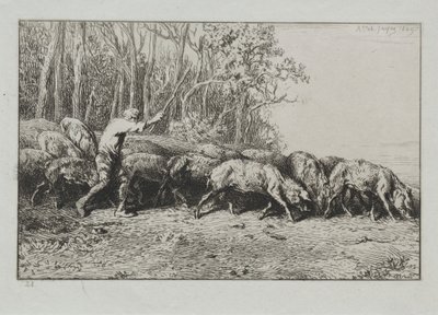 Schweineherde verlässt einen Wald von Charles Emile Jacque