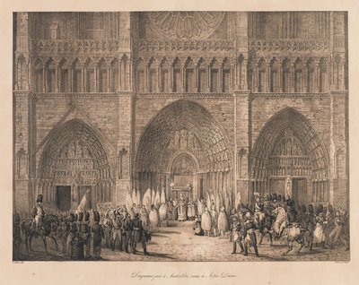 Fahnen, die bei Austerlitz erobert wurden, in Notre Dame empfangen, frühes 19. Jahrhundert von Charles Etienne Pierre Motte