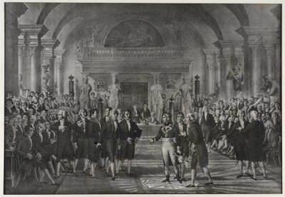 Empfang von Napoleon Bonaparte am Institut, Klasse für Physik und Mathematik, Sektion für mechanische Künste am 25. Dezember von Charles Etienne Pierre Motte