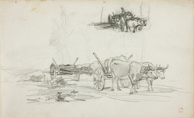 Zwei Skizzen von Ochsen, die einen Baumstamm ziehen von Charles Francois Daubigny
