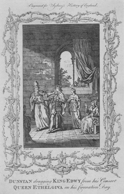 Dunstan zieht König Edwy von seiner Gemahlin Königin Ethelgiva an seinem Krönungstag, 1773 von Charles Grignion