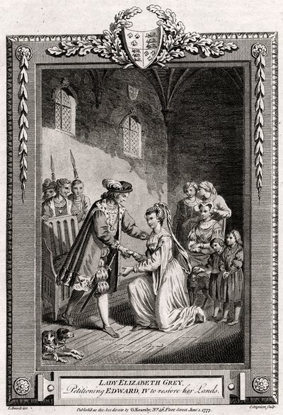 Lady Elizabeth Grey, bittet Eduard IV. um die Wiederherstellung ihrer Ländereien, 15. Jahrhundert, 1777 von Charles Grignion