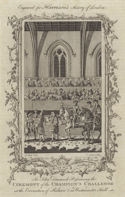 Sir John Dimmock führt die Zeremonie der Herausforderung des Champions bei der Krönung von Richard II. in der Westminster Hall, 1377 durch von Charles Grignion