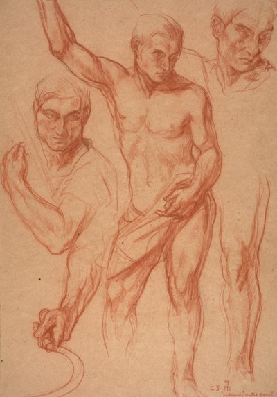 Studie einer männlichen Figur mit Nachstudien von Kopf, Armen, Schulter und Bein (Skizzen für das Mittelpanel von "Herbst"), 8. April von Charles Haslewood Shannon