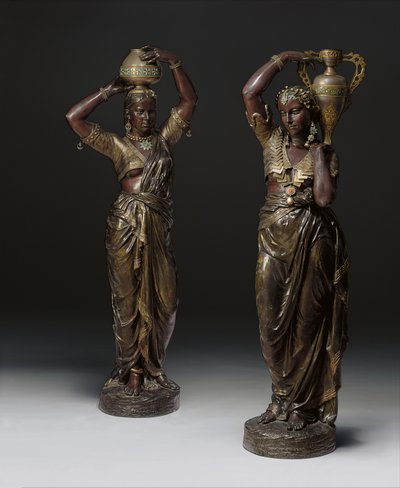 Zwei bronzene Fackelträger in Form von indischen Frauen, die Vasen tragen, 1862-1865 von Charles Henri Joseph Cordier