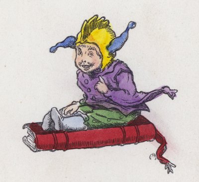 Figur, die auf einem Buch sitzt und eine Narrenmütze trägt von Charles Henry (after) Bennett