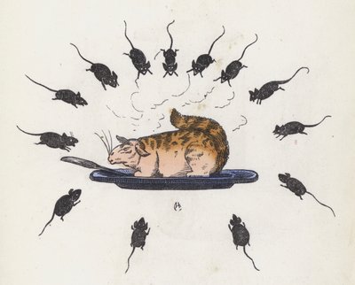 Gefräßige Katze auf einem Teller, umgeben von hungrigen Mäusen (farbige Gravur) von Charles Henry (after) Bennett
