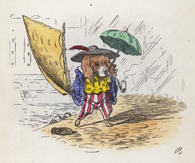 Litte Jack Tar: Hund benutzt seinen Schwanz als Segel und seine Nase als Regenschirm (farbige Gravur) von Charles Henry (after) Bennett