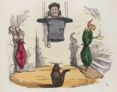 Mann, der wegen einer Katze an der Decke hängt von Charles Henry (after) Bennett