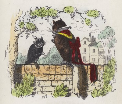 Zwei Katzen auf einer Gartenmauer (farbige Gravur) von Charles Henry (after) Bennett