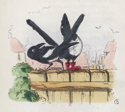 Zwei Elstern auf einem Gartenzaun (farbige Gravur) von Charles Henry (after) Bennett