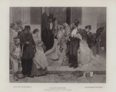 Früher Morgen, der Kontrast zwischen: Mühe und Zufriedenheit; und Ausschweifung und Ruin (Gravur) von Charles Hermans