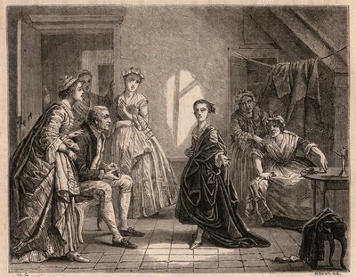Die Kindheit von Mademoiselle Clairon: Die junge Claire-Josephe (Claire Josephe) Leris (1723-1803) rezitiert die Verse des Stücks, das sie gerade gesehen hat. Sie wurde unter dem Namen „Mademoiselle Clairon“ oder „La Clairon“ Komödiantin. Gravur von 1862 von Charles Housez