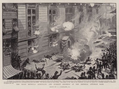 Der Kampf zwischen Armeniern und türkischen Soldaten bei der Imperial Ottoman Bank von Charles J. Staniland