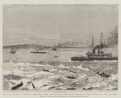 Der Verlust der HMS Victoria, die Szene nach dem Untergang des Schiffes, Boote retten die Überlebenden des Flaggschiffs von Charles J. Staniland