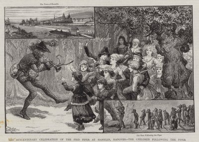 Die sechshundertjährige Feier des Rattenfängers von Hameln, Hannover, die Kinder folgen dem Rattenfänger von Charles J. Staniland