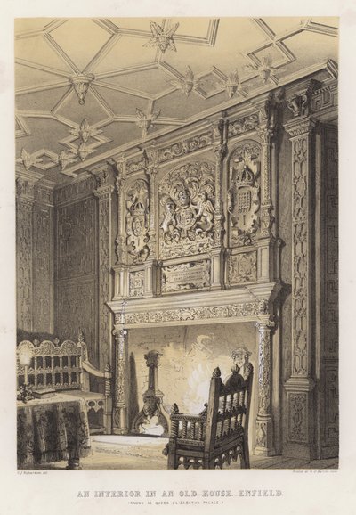 Ein Innenraum in einem alten Haus in Enfield, bekannt als Königin Elizabeths Palast von Charles James Richardson