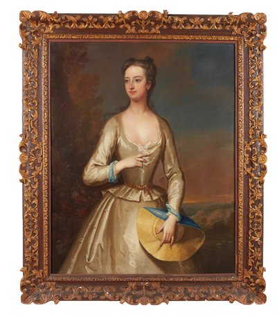 Dreiviertelporträt einer Dame in Weiß mit Strohhut von Charles Jervas